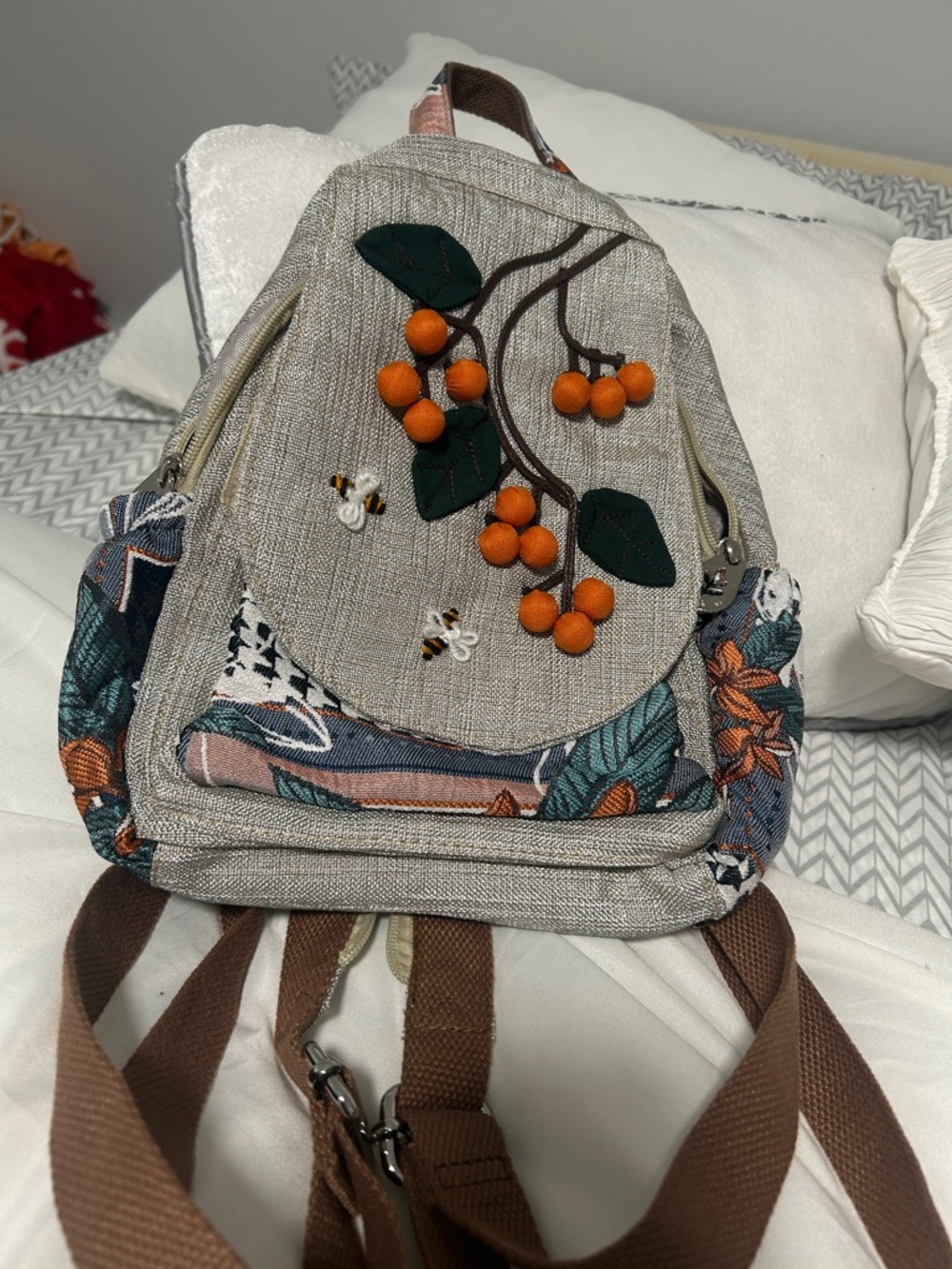 Beige Mini Backpack with Orange Berry Appliqué